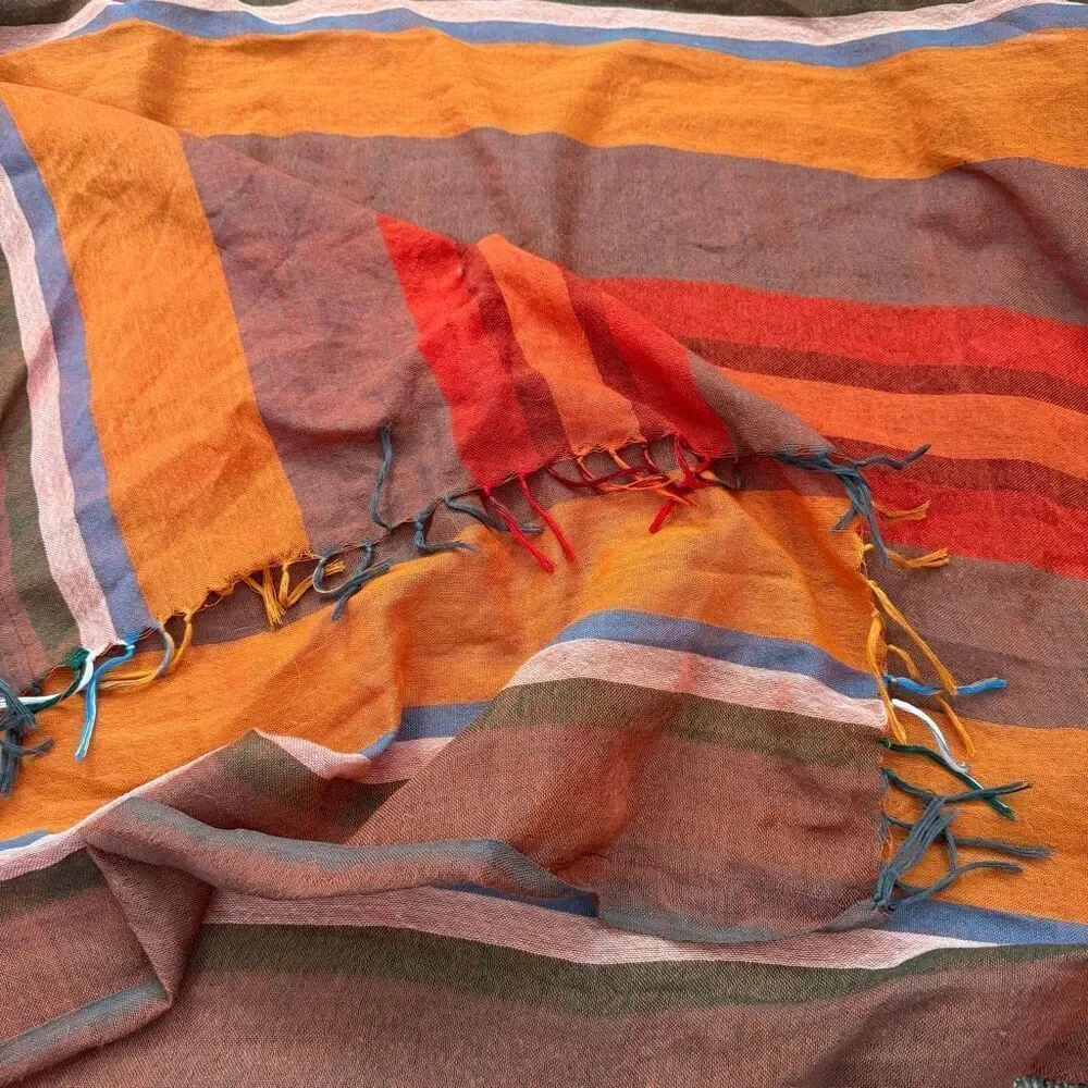 Y2K Rust Orange Blue Scarf Neck Stripe Striped Fringe Linen Long