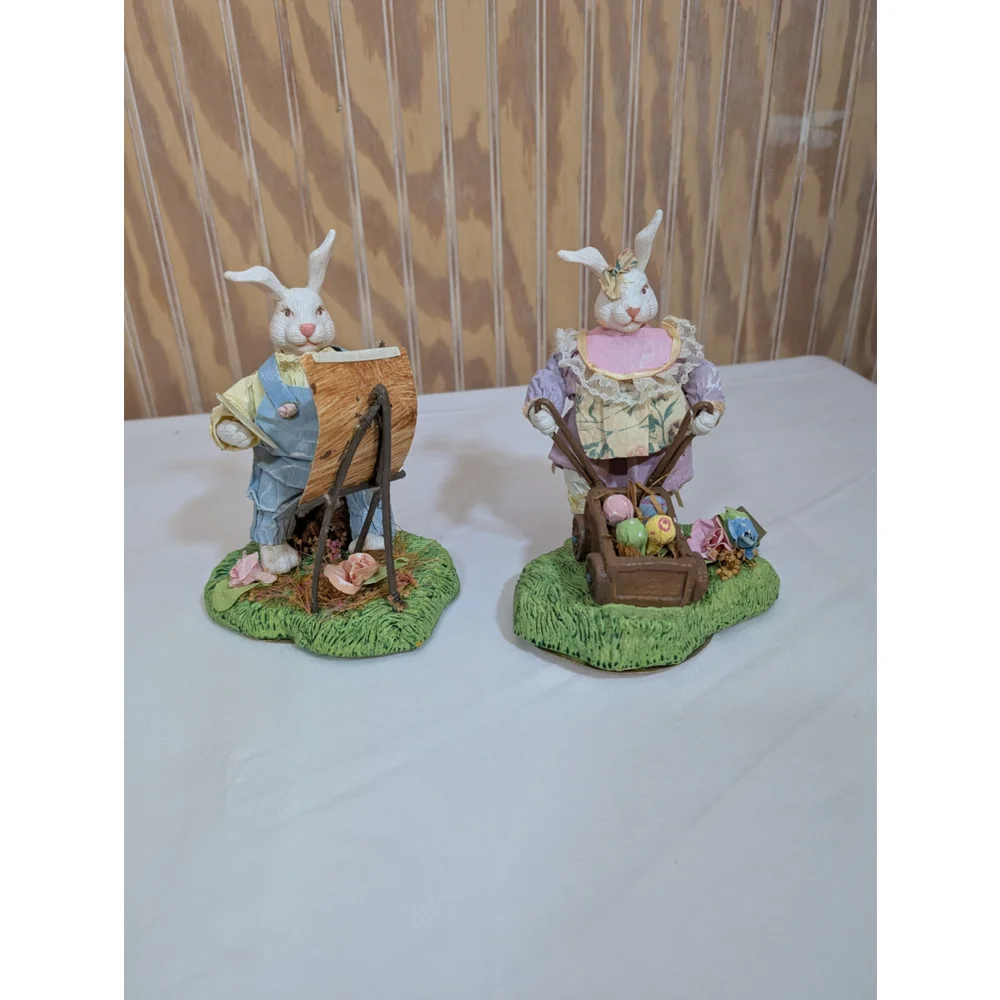 Vintage Paper Mache / Resin Easter Bunny Figurines Set of 6 (1 missing foot)