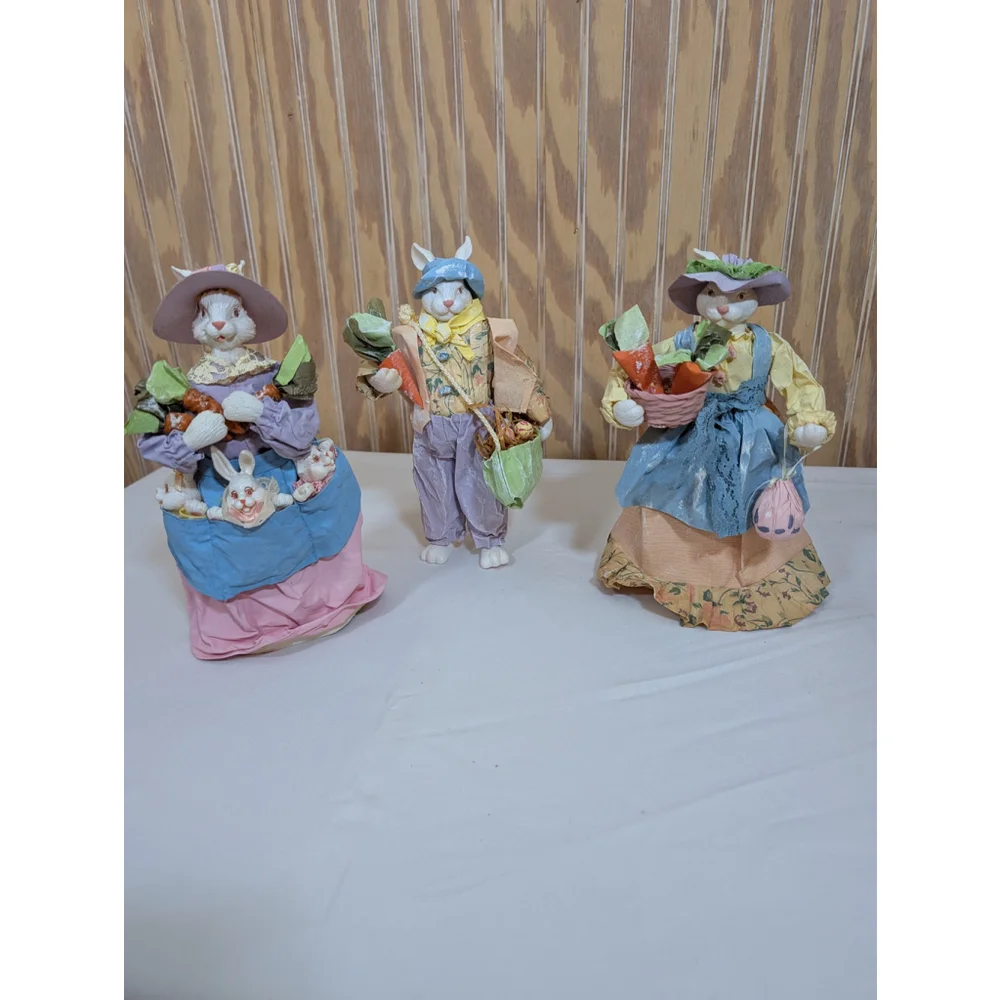 Vintage Paper Mache / Resin Easter Bunny Figurines Set of 6 (1 missing foot)