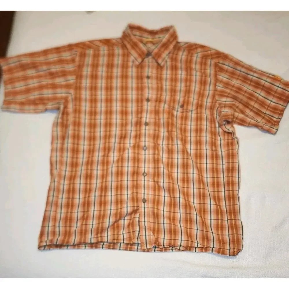 Mountain HardWear Shirt Men's‎ L Cotton Blend Orange Plaid Short Sleeve Snap Up