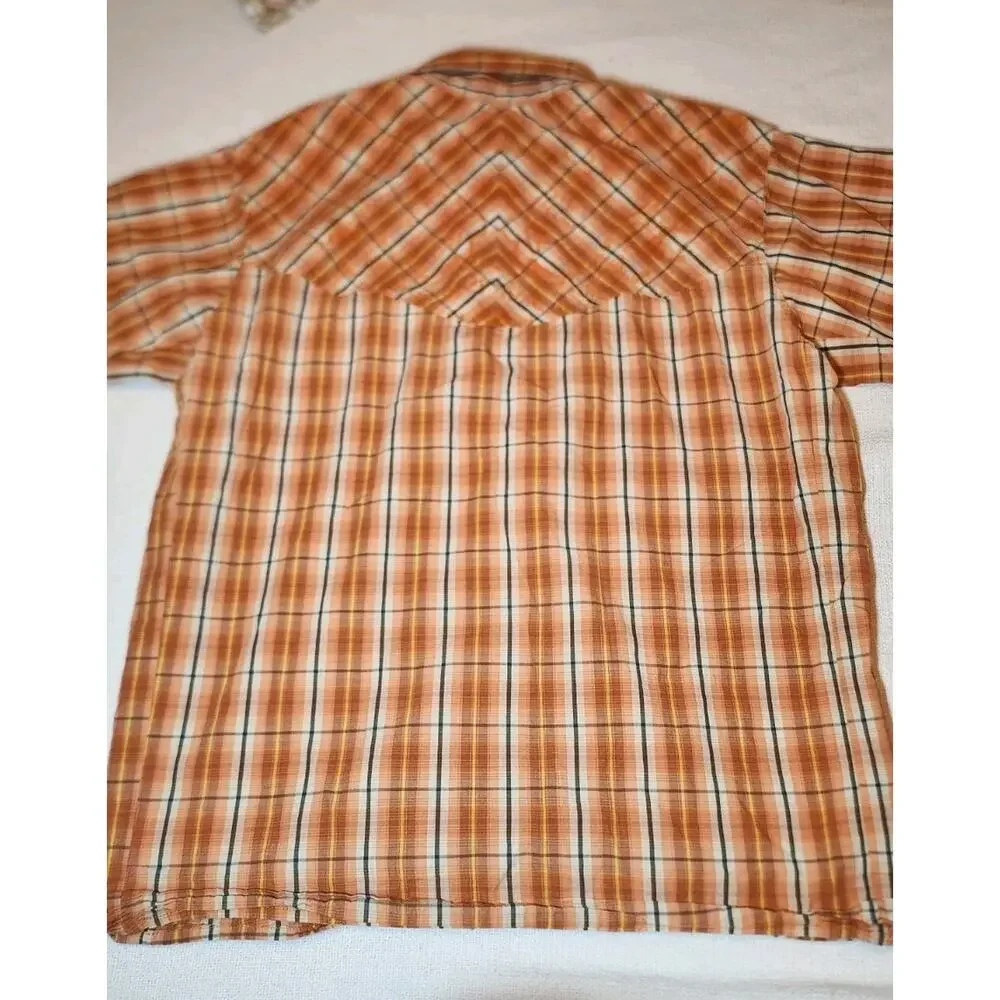 Mountain HardWear Shirt Men's‎ L Cotton Blend Orange Plaid Short Sleeve Snap Up
