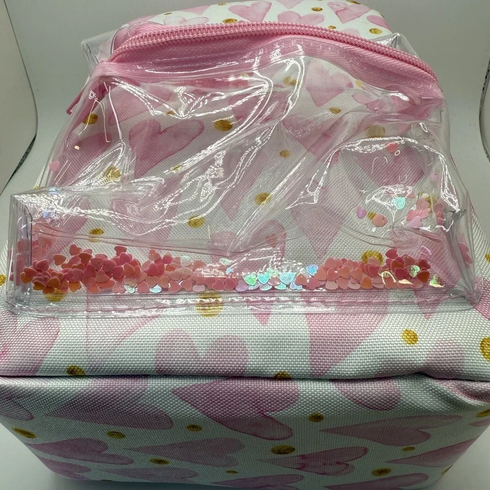 TAL Kids Insulated Lunch Bag Pink Hearts Gold Polka Dot Sequin Shaker Pocket NEW