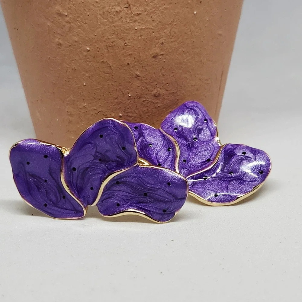 Purple Enamel Abstract Petal‎ Statement Stud Earrings Gold Tone Butterfly Wings