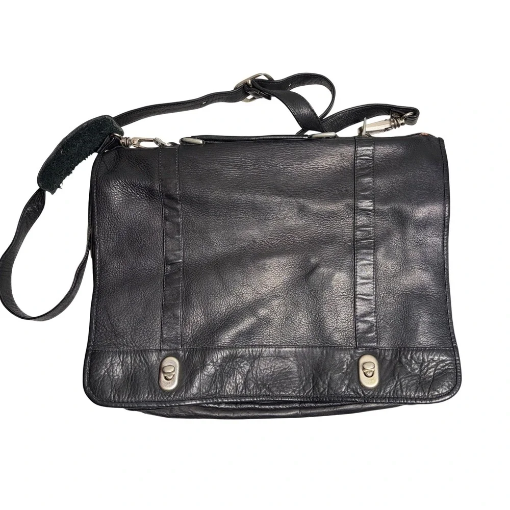 Vintage 90s Black Leather Messenger Unisex‎ Black Large Laptop Bag IMPERFECTIONS