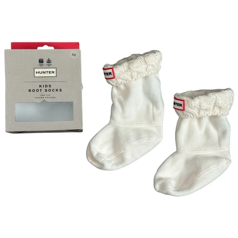 HUNTER Kids Original Cable‎ Knit Cuff Welly Fleece Boot Socks White XS