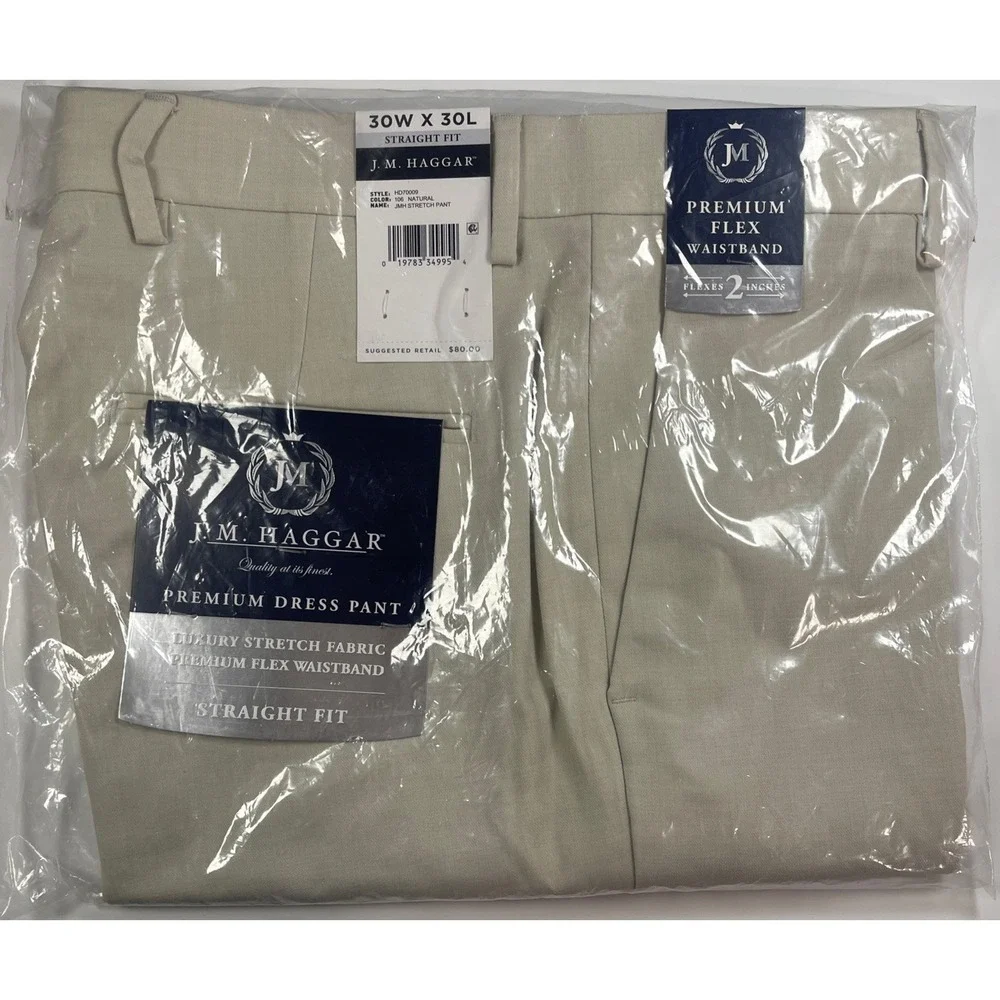 J M Haggar Premium Dress Pants Men's 30W X 30L straight Fit Flex Waistband Khaki