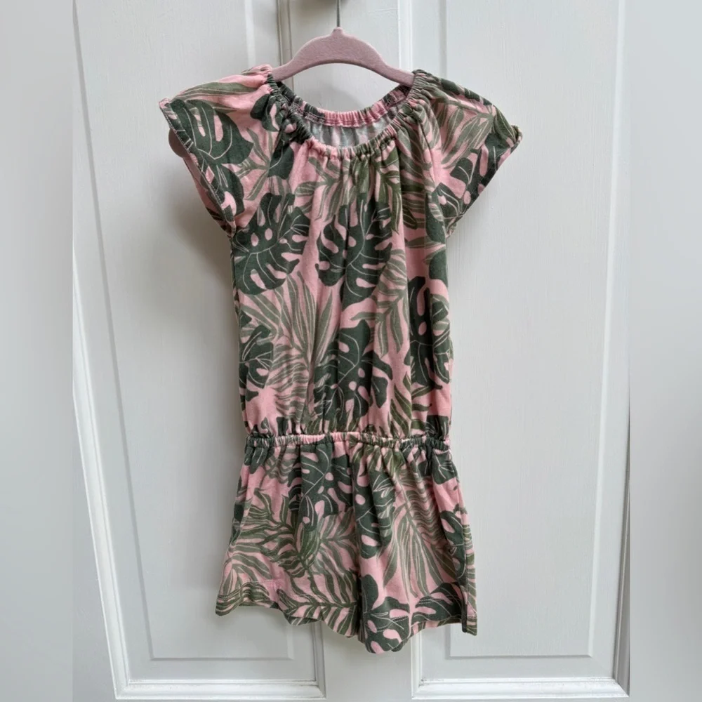 The Children's Place 3T Girls Pink and Gray Leaf Tropical Romper