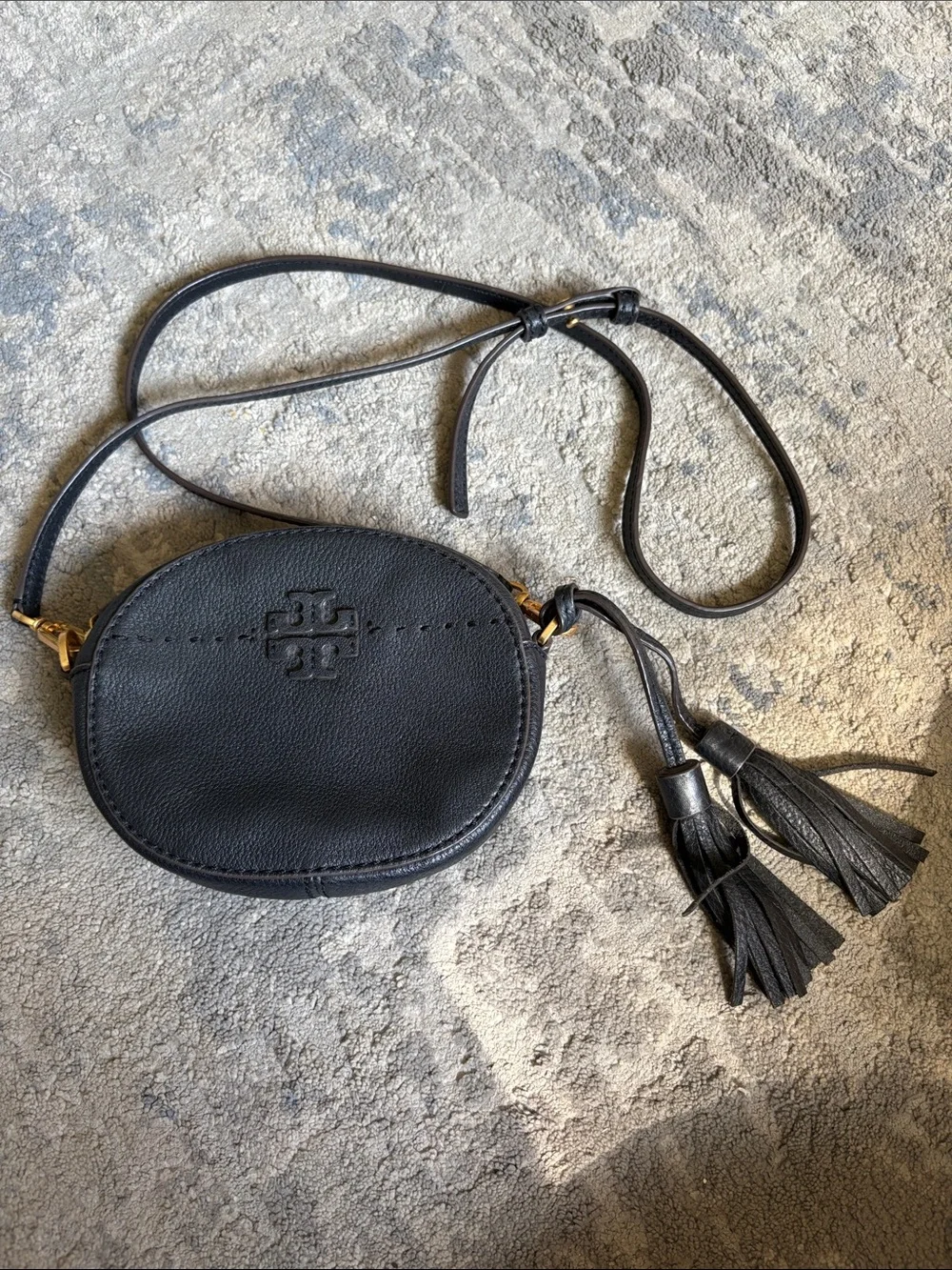 Tory Burch McGraw Black Leather Round Crossbody with Tassels