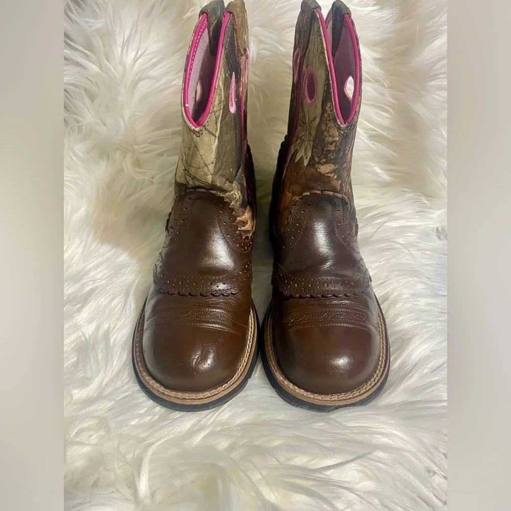 Ariat Brown and Camo Boots with Pink Trim