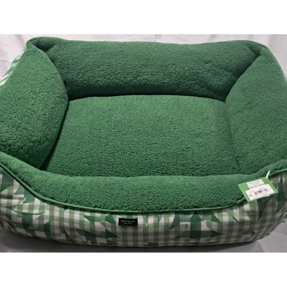 Kate Spade Green Daisy Gingham Dog Bed Plush‎ Cozy Pet Bed 28x22x10