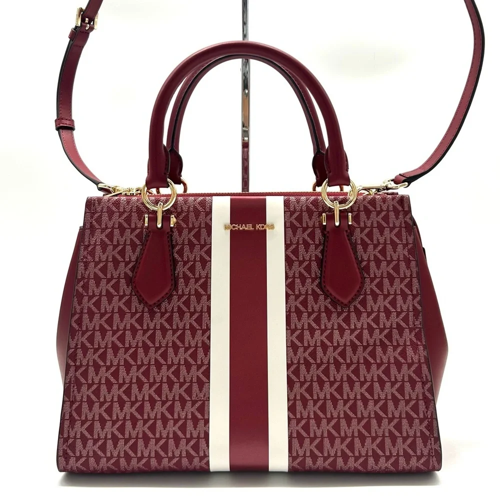 Michael Kors Marilyn Medium Signature Logo Stripe Satchel Bag Cherry