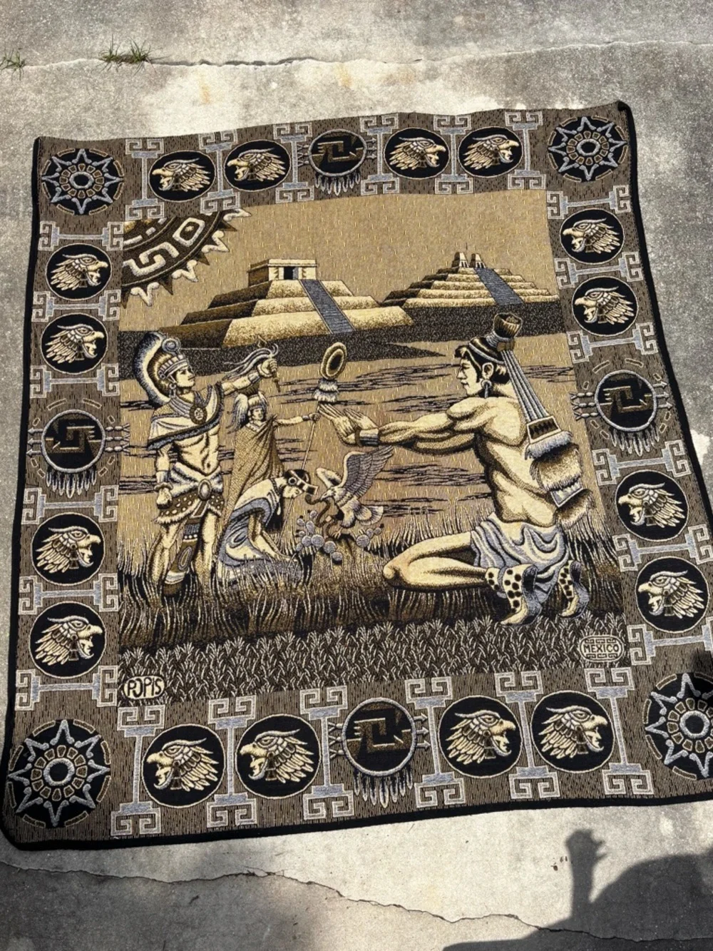 Vintage Montezuma Pyramid Aztec Mayan Warrior Goddesses God Woven Tapestry 89x79