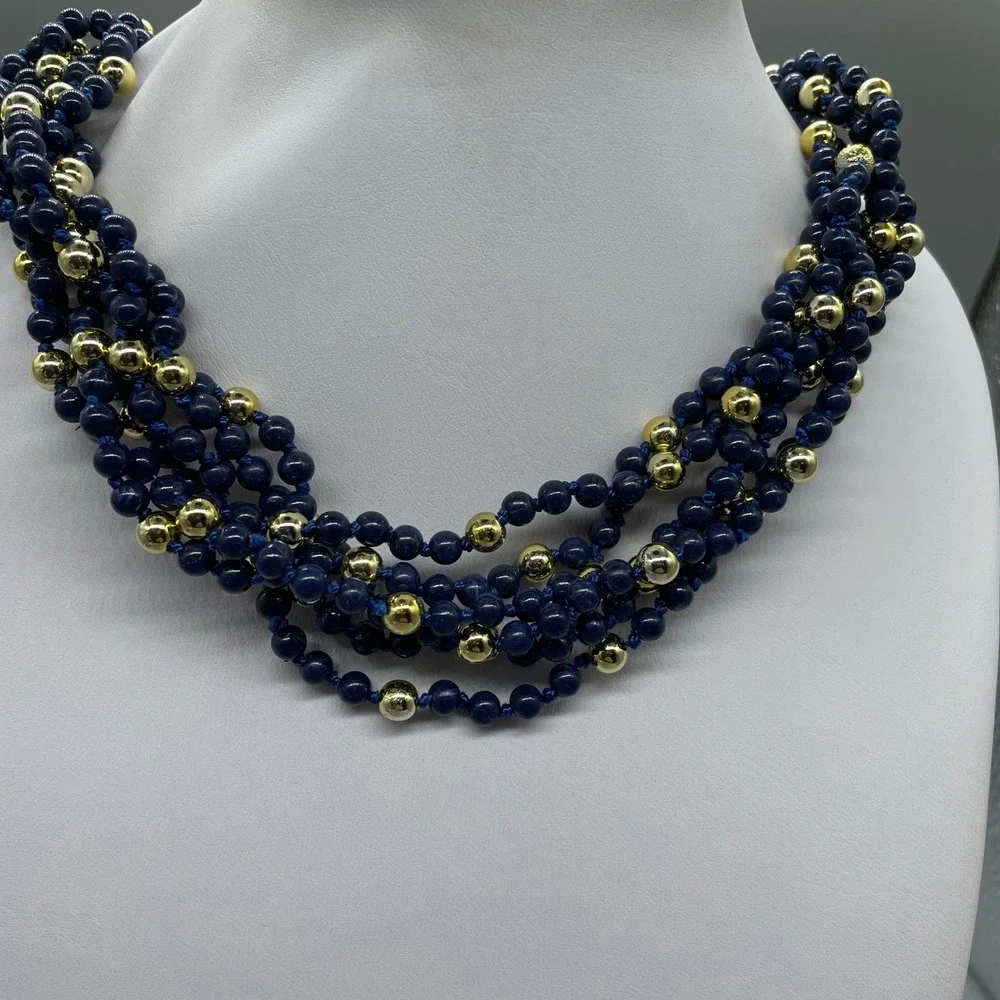 Multi Strand Beaded Necklace Navy Blue Gold Tone Toggle Clasp 17in