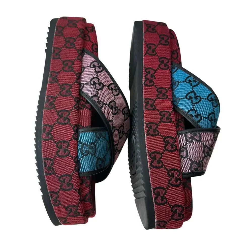 Gucci (EUR 41/US 10) GG Monogram Platform Slide Sandals - Red Logo Designer