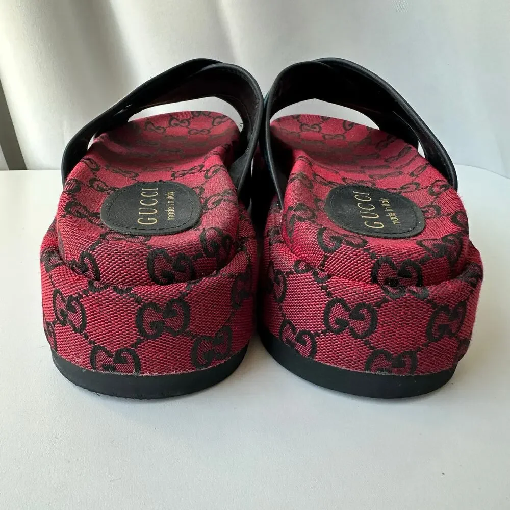 Gucci (EUR 41/US 10) GG Monogram Platform Slide Sandals - Red Logo Designer