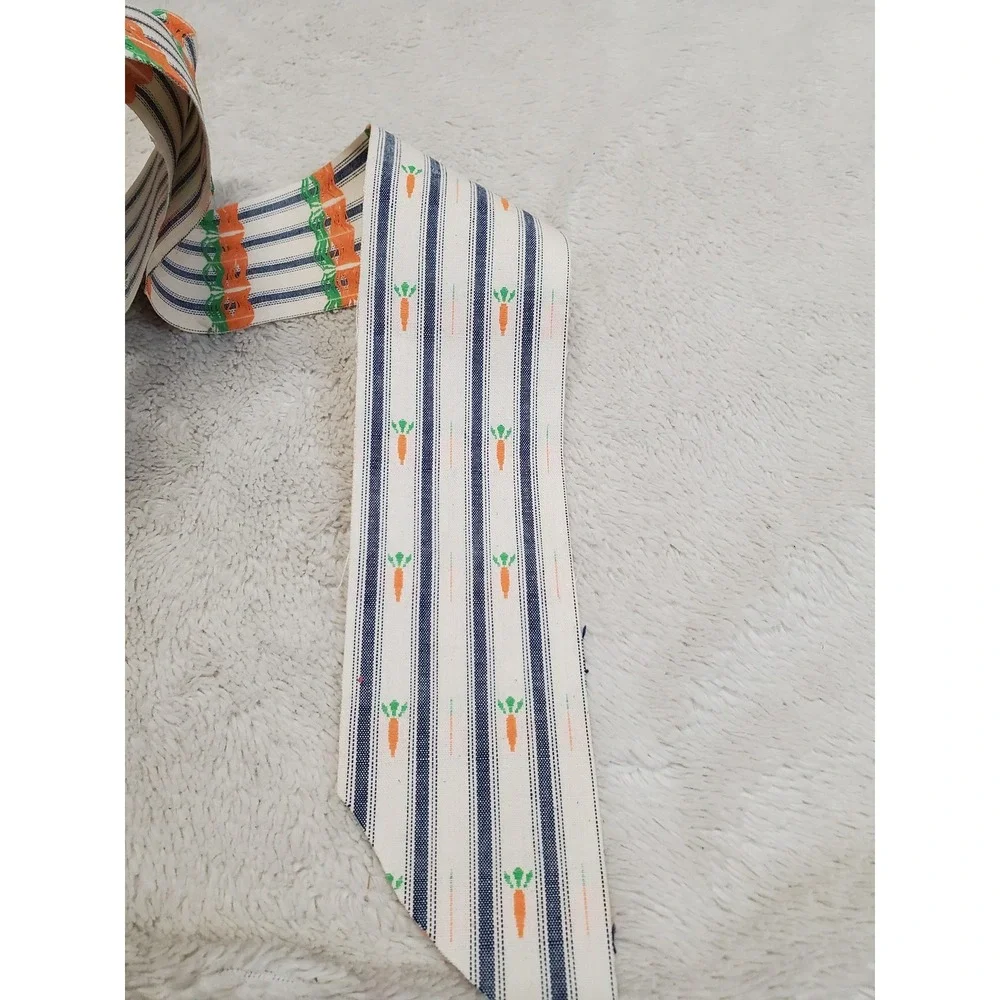 Vintage Country Blue White Ticking Striped Carrots Woven Fabric Ribbon 11.5 Yard