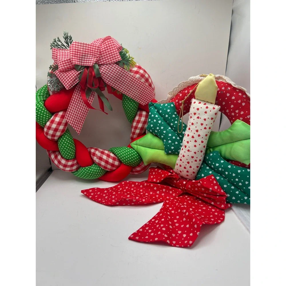 Vintage Christmas Fabric Wreaths Padded Braided Candle Holiday Decor Set of‎ 2