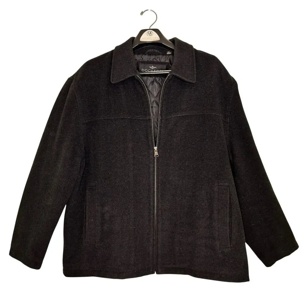 Dockers Mens Wool Blend Bomber Jacket Black XXL Quilted Interior Front Zip