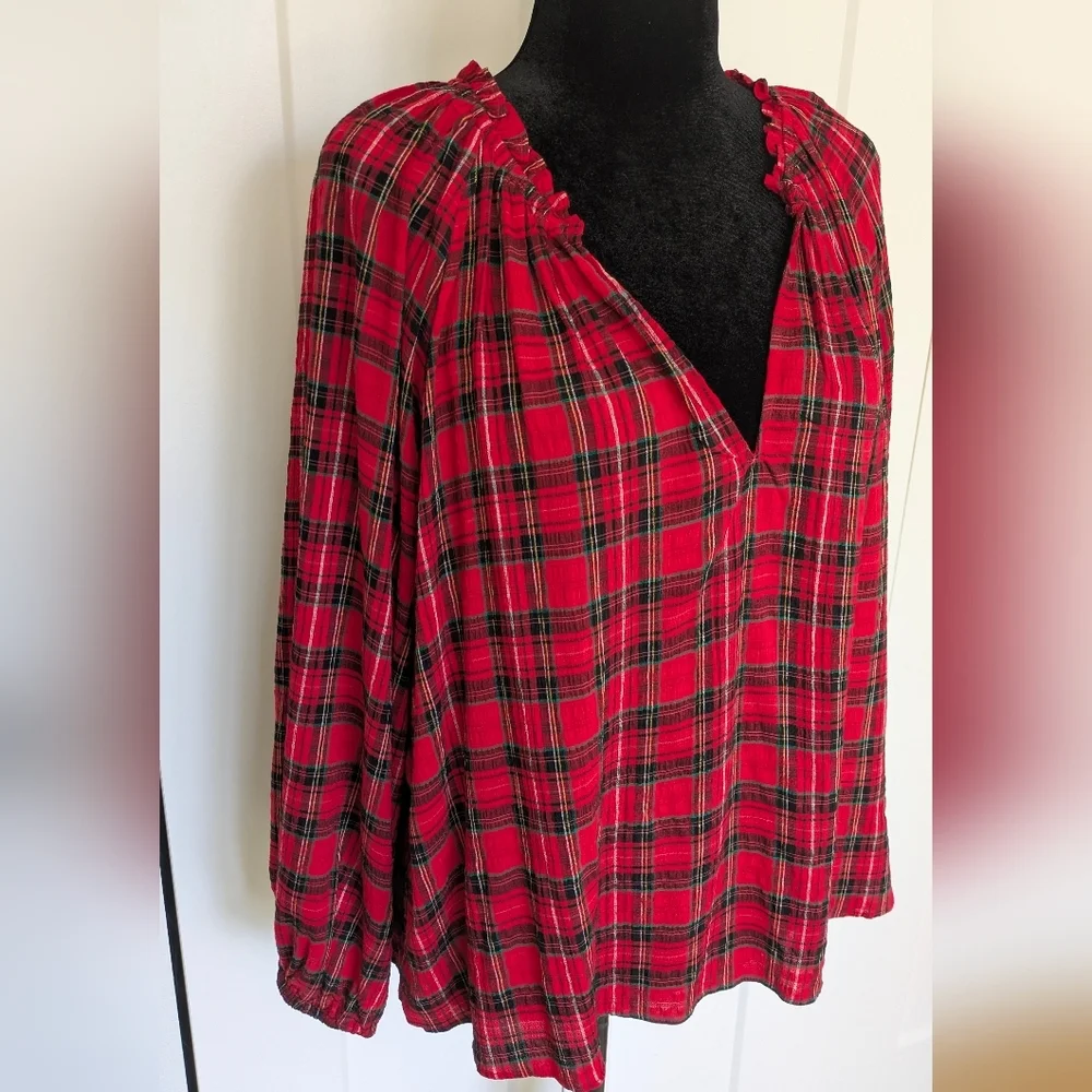 OLD NAVY Pullover Peasant Top Women 2X Red Buffalo Plaid Puff Sleeves V-neck New