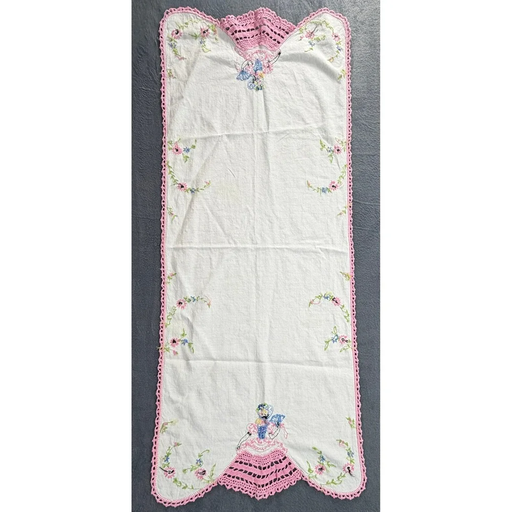 1940's Hand Embroidered Crinoline Lady Table Runner Pink Crochet Lace Trim White