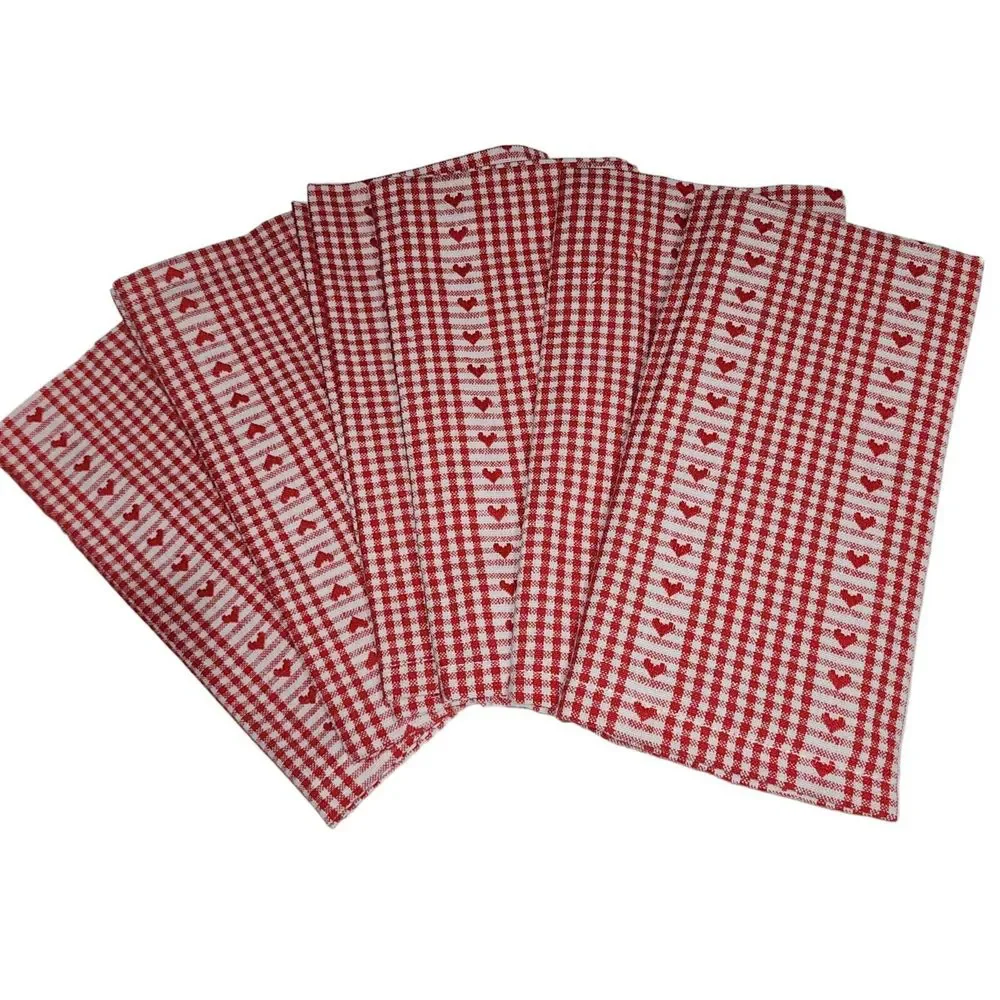 Rachel Ashwell 6pc Red and White Checkered Napkin Set Embroidered Hearts‎ NEW