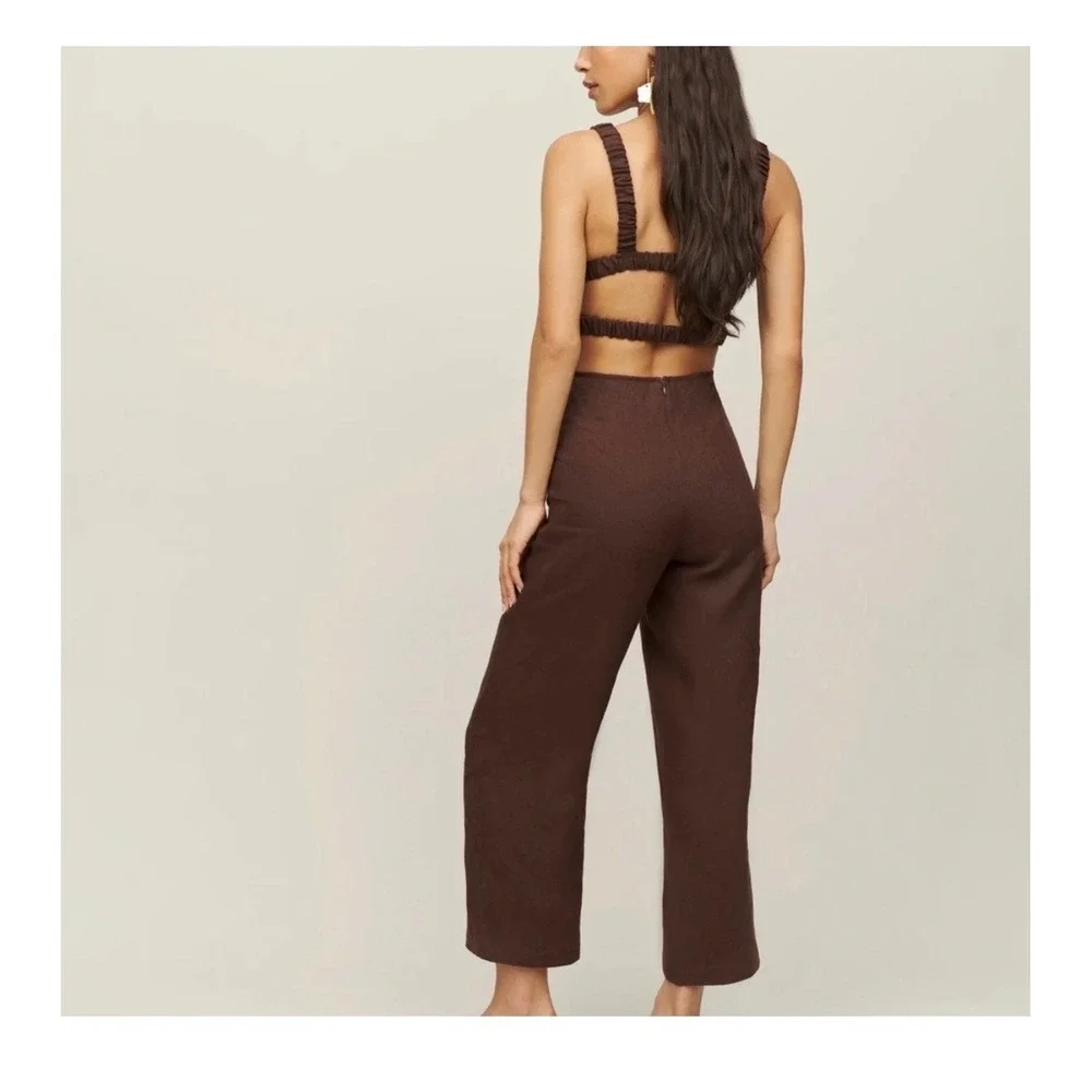 Reformation Brown Linen Square Neck Wide Leg Jumpsuit Size‎ 4