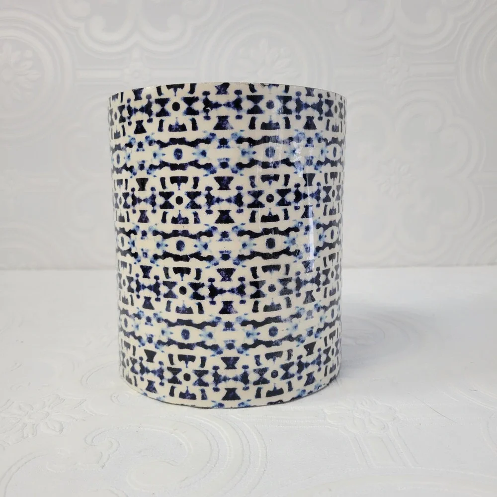 Viva Terra Tall Canister Jesses Indigo Blue‎ White Bohemian Evil Eye Wood Base