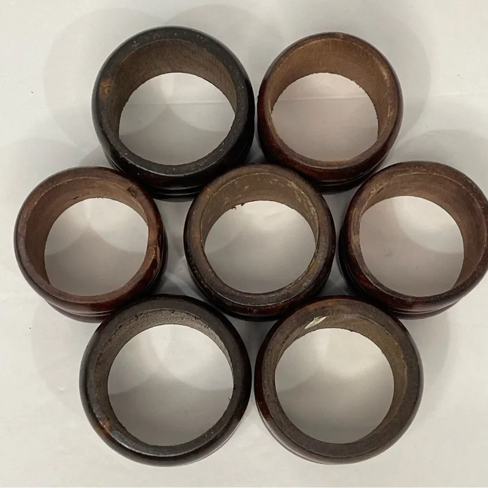 Rustic Wood Napkin Rings MCM Retro Cabin Farmhouse Casual Dark Brown Set of 7