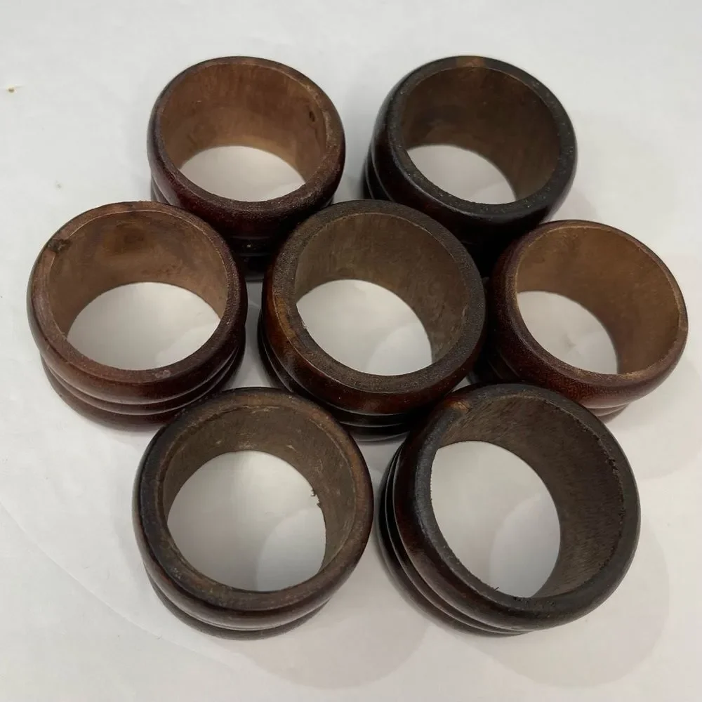 Rustic Wood Napkin Rings MCM Retro Cabin Farmhouse Casual Dark Brown Set of 7