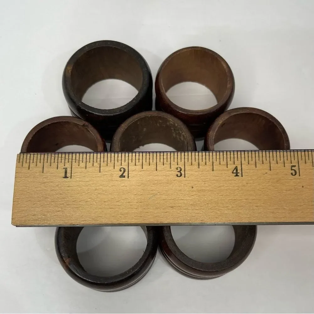 Rustic Wood Napkin Rings MCM Retro Cabin Farmhouse Casual Dark Brown Set of 7