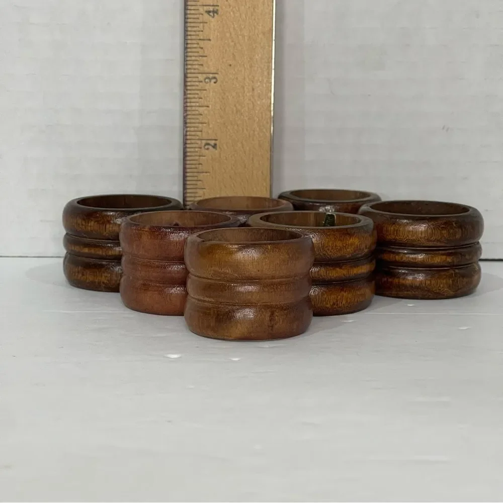 Rustic Wood Napkin Rings MCM Retro Cabin Farmhouse Casual Dark Brown Set of 7