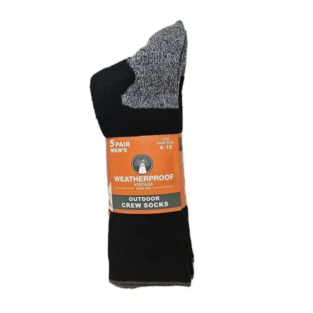 Weatherproof 5 pack Outdoor Wool Blend Crew‎ Sock Size 6-12 Black Gray Heel /New