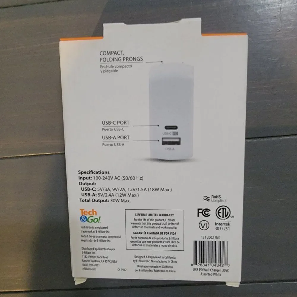 Tech & Go USB PD Wall Charger 30W, 2-Port, USB & USB-C - White