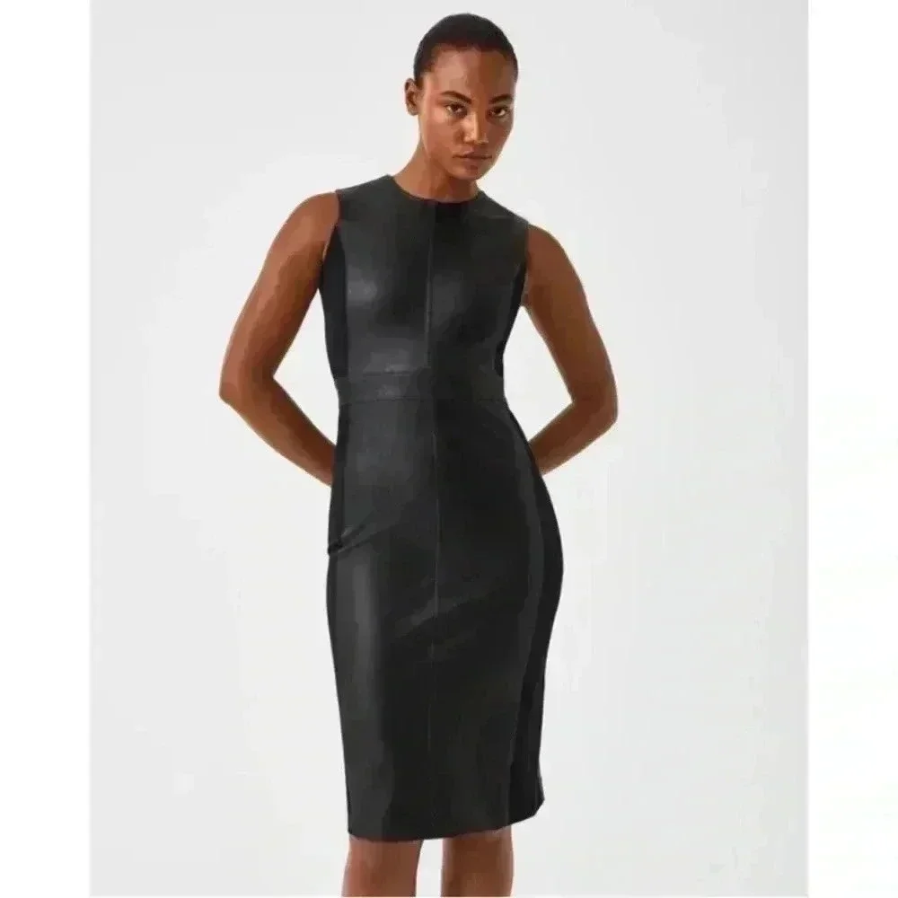 New SPANX Leather Ponte Midi Dress Sheath Stretch Faux Office Siren Boardroom