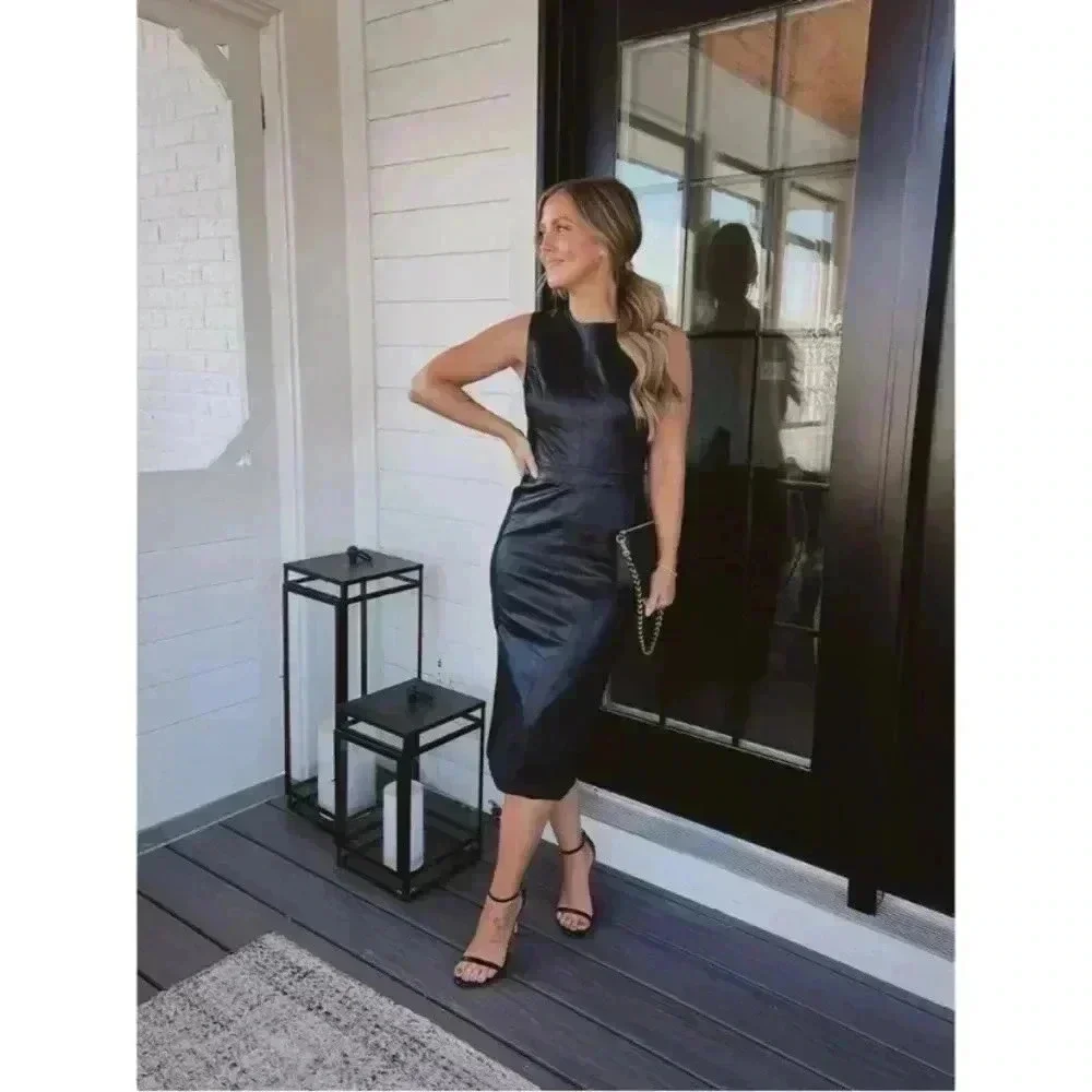 New SPANX Leather Ponte Midi Dress Sheath Stretch Faux Office Siren Boardroom