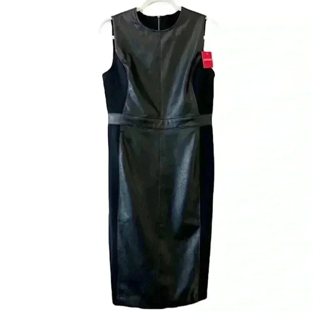 New SPANX Leather Ponte Midi Dress Sheath Stretch Faux Office Siren Boardroom