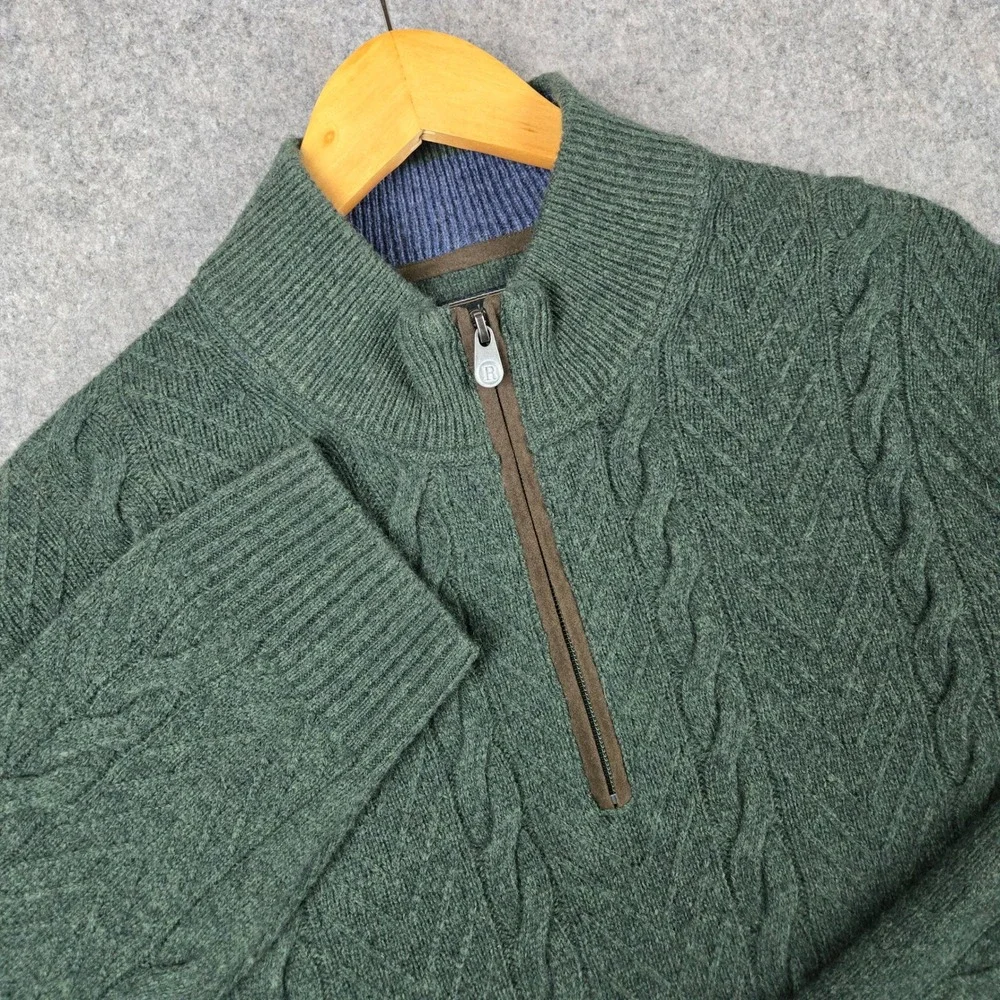 Jos A Bank Reserve Wool Sweater Mens Large Green Cable Knit 1/4 Zip Luxury