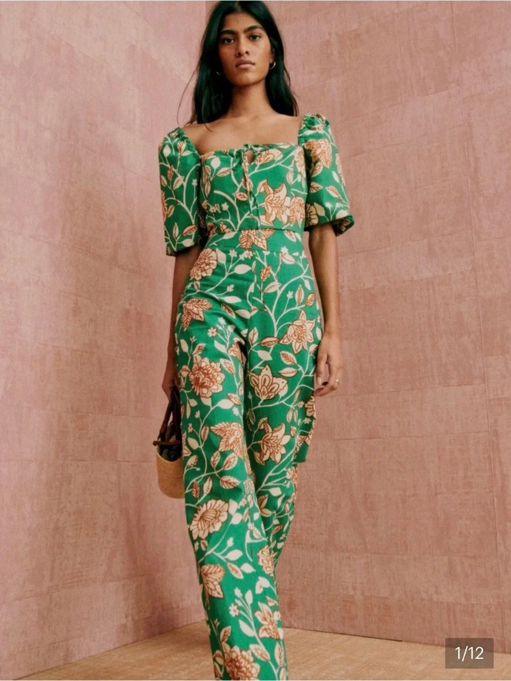 Sezane Baptisto Teal Cream Floral Linen Cotton Wide Leg Pant 6