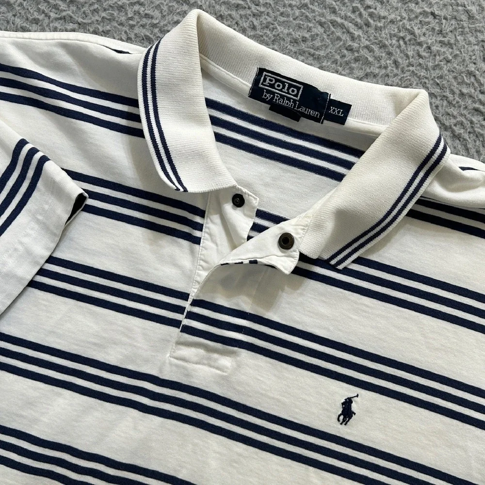 Polo Ralph Lauren Polo Shirt Mens XXL White Navy‎ Striped Snap Collared Preppy