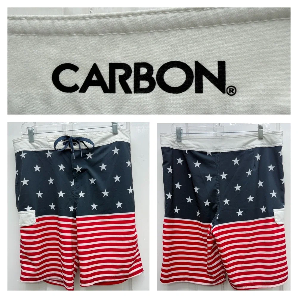 Carbon Red White Blue American Flag Board Shorts‎ Swim Trunks Swimsuit Men's 32