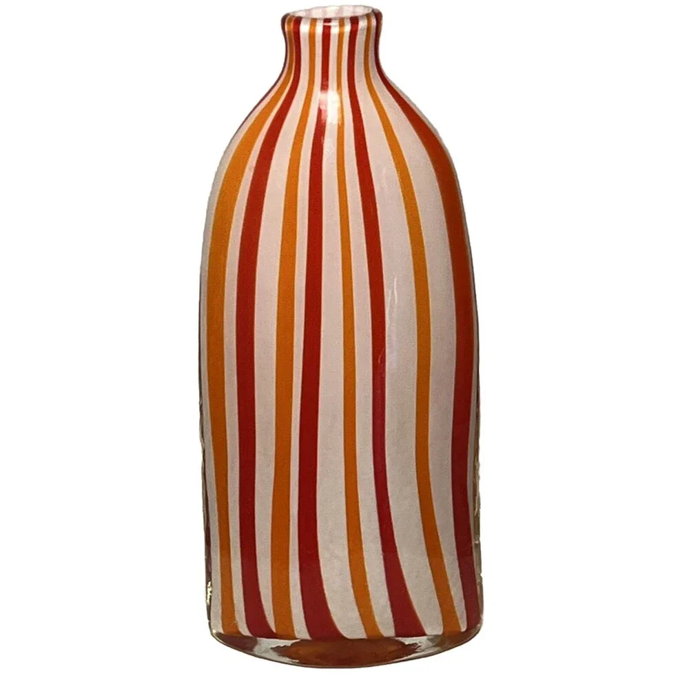 Art Glass Vase Vintage Tall Bottle Stripe White Red Orange Decorative Modern 13