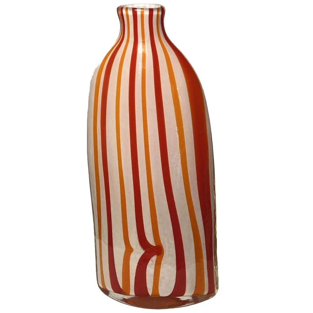 Art Glass Vase Vintage Tall Bottle Stripe White Red Orange Decorative Modern 13