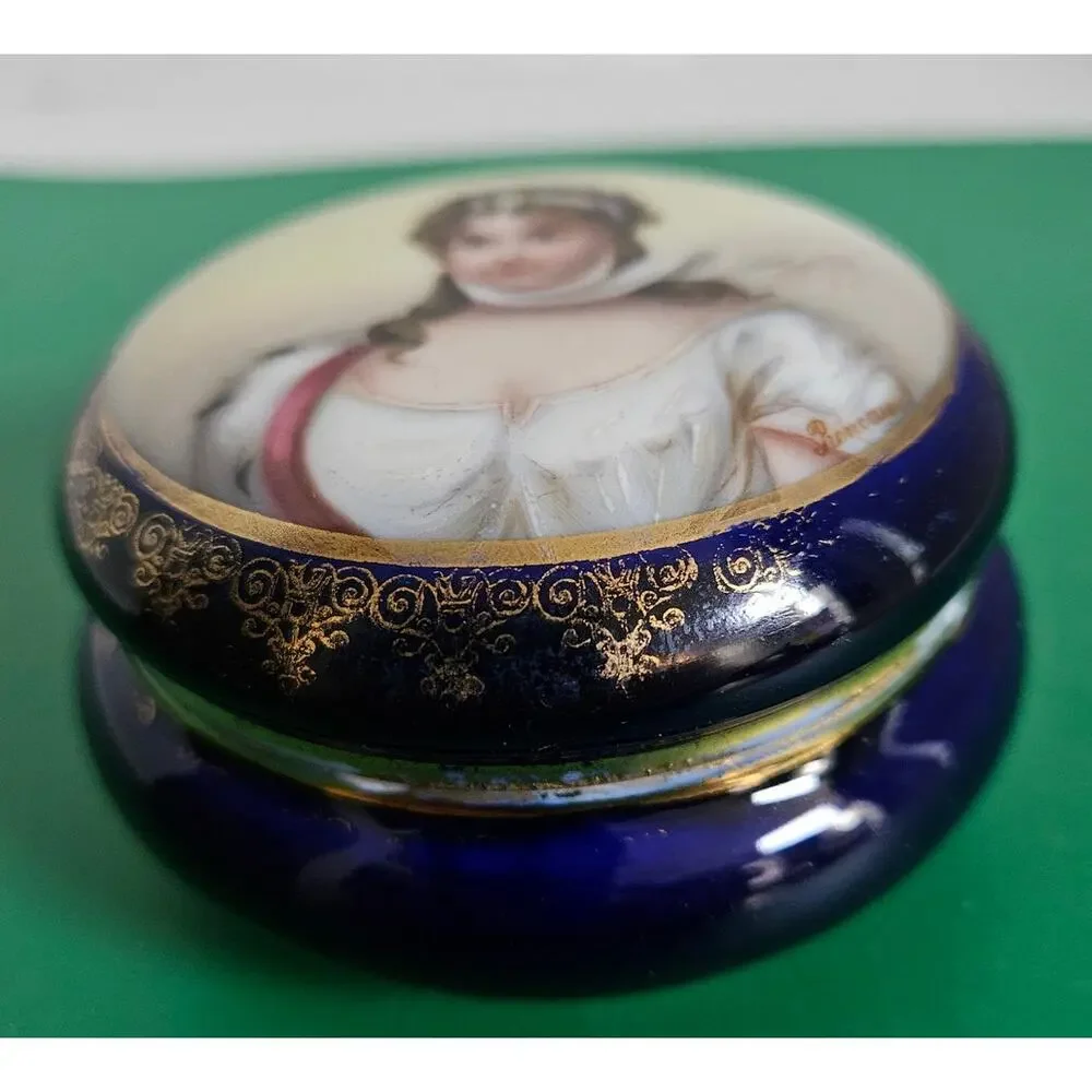 Antique Royal Vienna Porcelain Cobalt Trinket Box Jar Queen Louise of Prussia