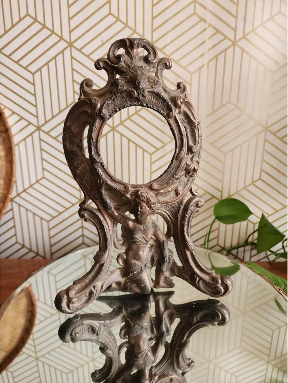Antique 1906 Brass Cast Mantle Clock Case  Frame