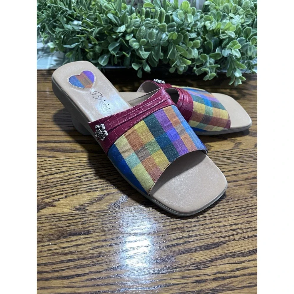 BRIGHTON Belize Ladies Size 7.5 Slip On Sandals Made In Italy Red Plaid