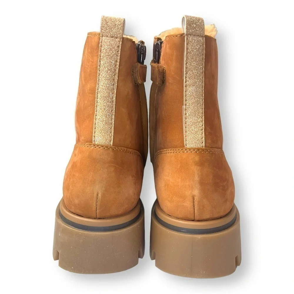 Beberlis Cognac Brown Suede Shearling Lace Up Combat Boots w/ Lug Soles NEW