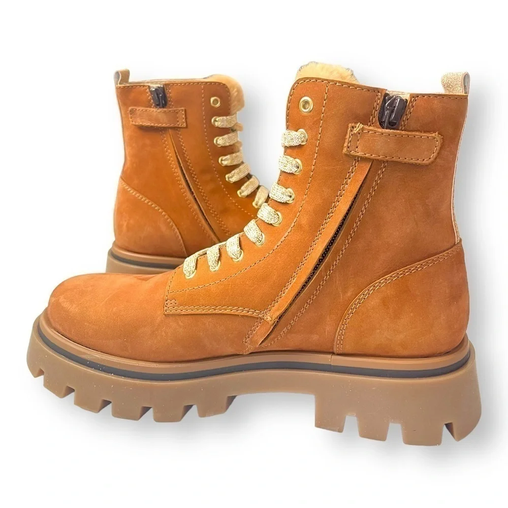 Beberlis Cognac Brown Suede Shearling Lace Up Combat Boots w/ Lug Soles NEW