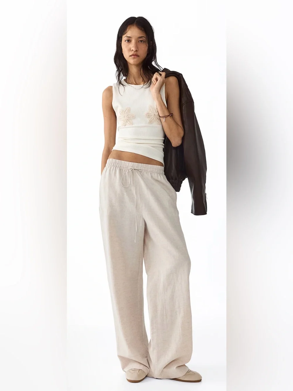 H&M Beige Drawstring Wide-Leg Pants