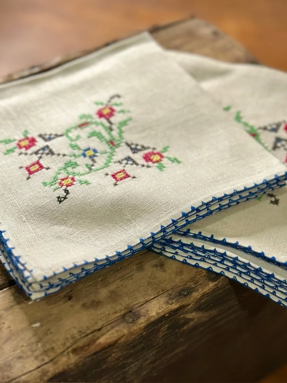 6 Vintage Hand Embroidered Floral Linen Napkins with Blue Trim