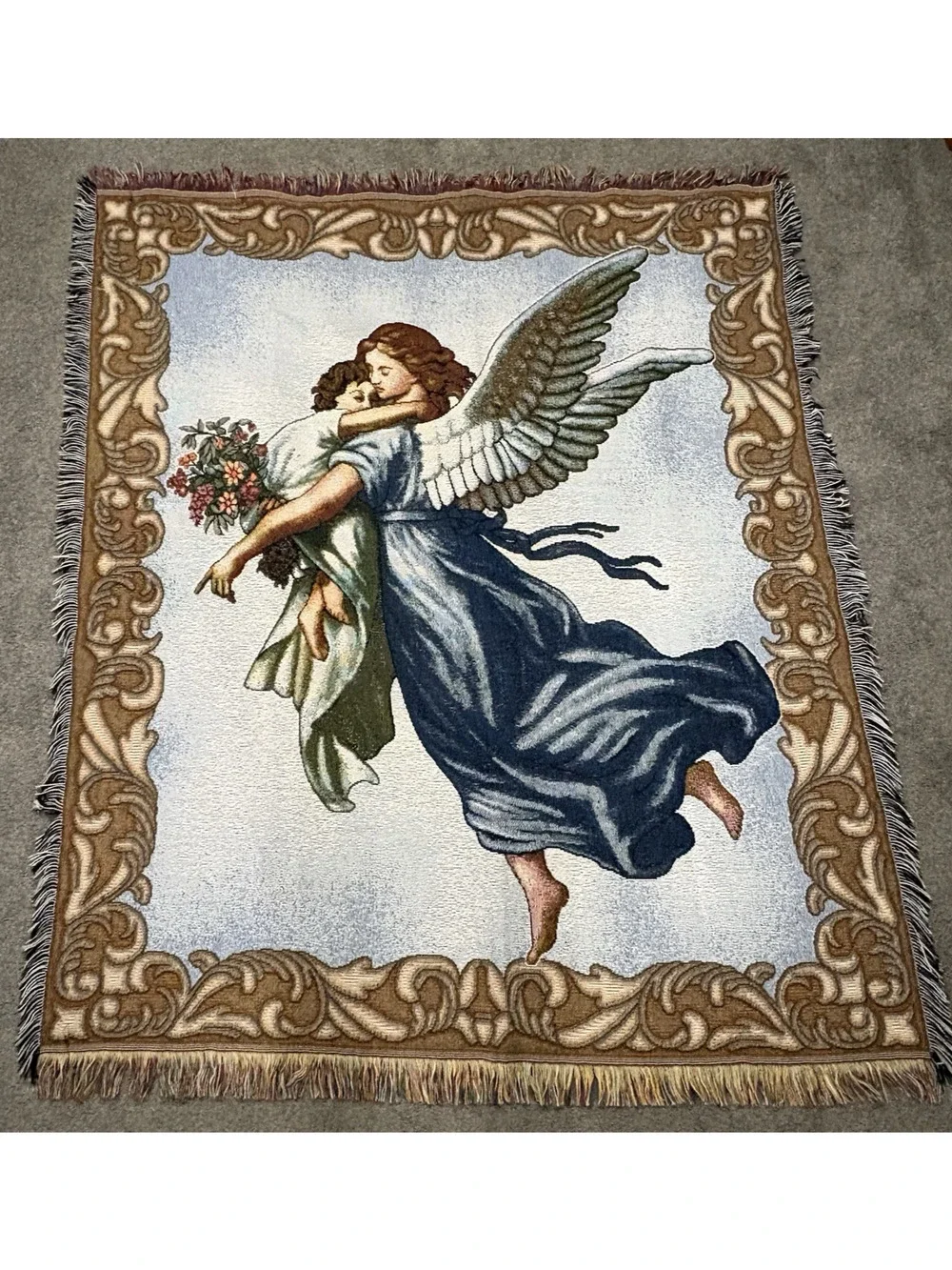 Vintage American Weavers Guardian Angel Throw Tapestry Wall Hanging 48 X 57